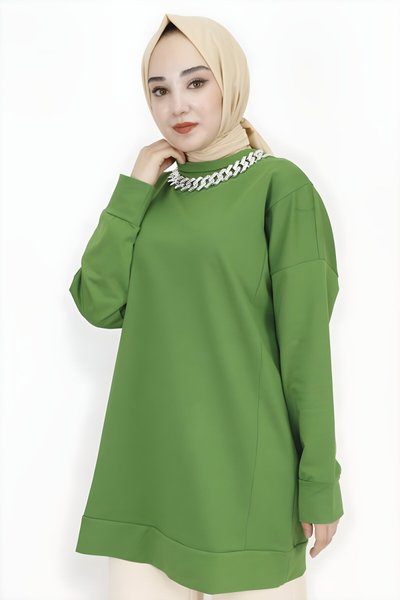 Haki İp Kumaş Zincir Detaylı Tesettür Tunik