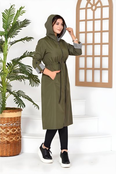 Haki Uzun Boy Bondit Kumaş Trençkot