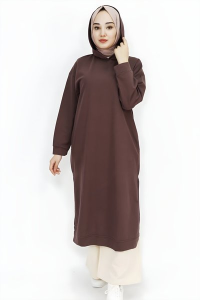 Kahverengi İp Kumaş Kapüşonlu Yırtmaç Detaylı Tesettür Tunik