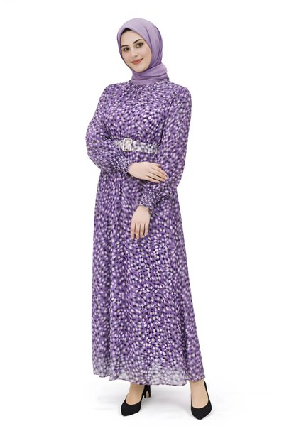 Lila Fırça Desenli Şifon Tesettür Elbise