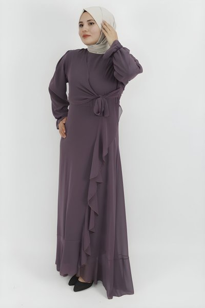 Lila Şifon Kumaş Fırfır Detaylı Tesettür Abiye Elbise