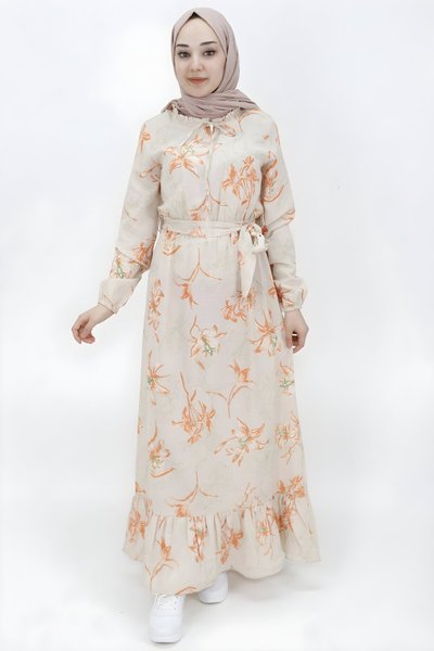 Oranj Keten Fırfırlı Yaka Tesettür Elbise