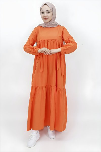 Oranj Salaş Kolu Bağlama Detaylı Tesettür Elbise