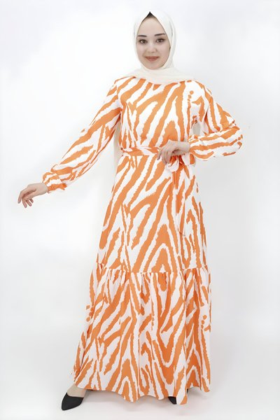 Oranj Zebra Desenli Şifon Tesettür Elbise