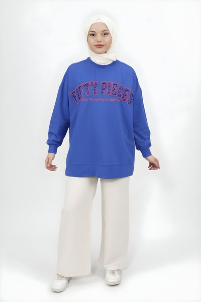 تونيك محتشم بنسيج سويت شيرت أزرق سكس بتفاصيل خرز وتطريز