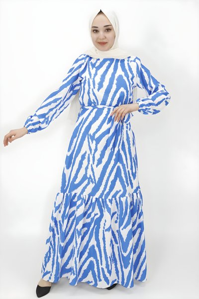 Saks Zebra Desenli Şifon Tesettür Elbise