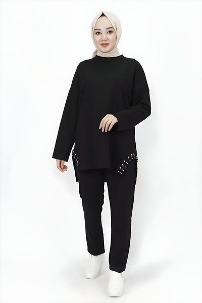 Siyah İki İp Kumaş Yanı Taş Detaylı İkili Tesettür Takım