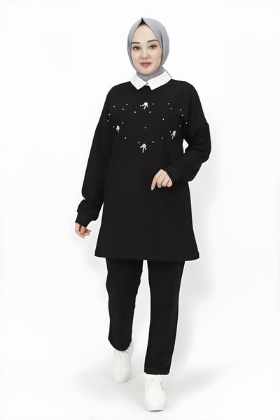 Siyah İp Kumaş Gömlek Yaka İnci Taş Detaylı Tesettür İkili Takım