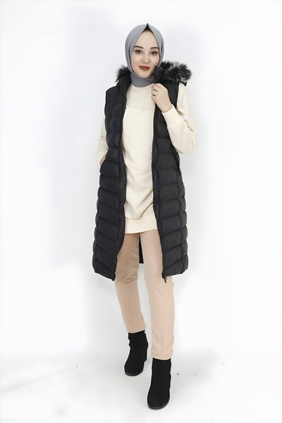 Siyah Şişme Cep Fermuarlı Tesettür Yelek