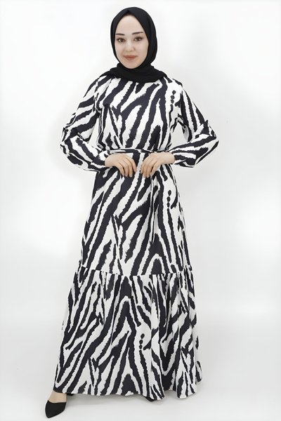 Siyah Zebra Desenli Şifon Kumaş Tesettür Elbise