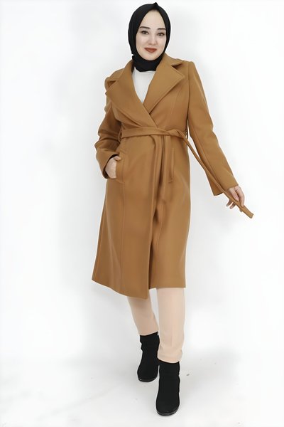 Taba Kaşe Kumaş Beli Bağlamalı Tesettür Kaban