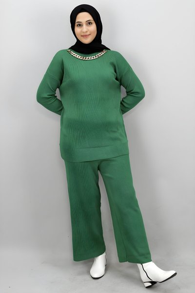 Yeşil Balıkçı Yaka Zincir Detaylı Triko Takım