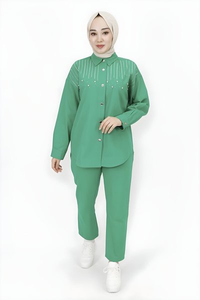 Yeşil Gabardin Kumaş Taş Detaylı İkili Tesettür Takım
