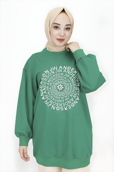 Yeşil Nakış Yazı Taş Detaylı Sweatshirt Tunik