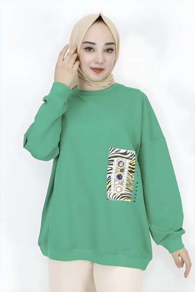 تونيك محتشم فضفاض لون أخضر بتفاصيل لؤلؤ وطبعة