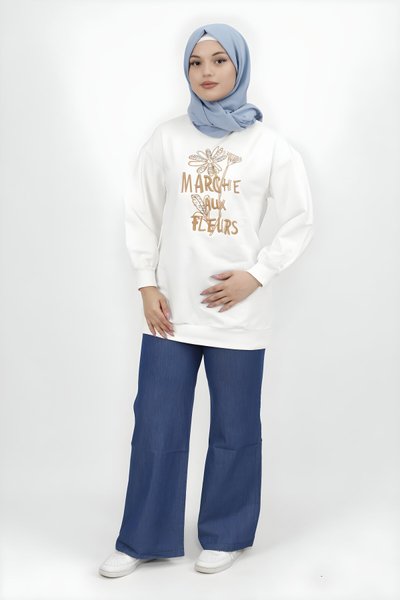 Beyaz İki İplik İnci Ve Nakış Detaylı Tesettür Tunik