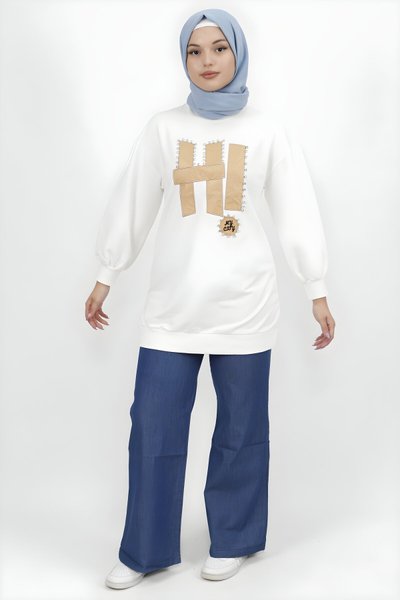 Beyaz İplik Kumaş Taş ve Yazı Detaylı Tesettür Tunik