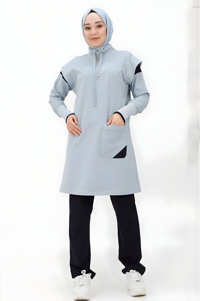 Buz Mavi İkili İki İplik Cepli Fermuarlı Tesettür Takım