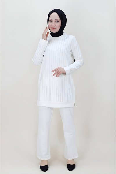 Ekru Taş Baskılı İkili İki İplik Kumaş Tesettür Takım