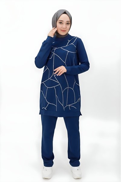İndigo İkili Taş Şerit Detaylı Tesettür Takım