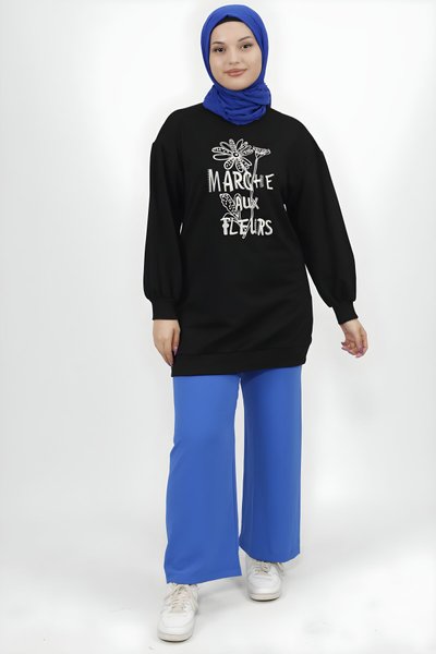 تونيك محتشم أسود بقماش خيطي مزين باللؤلؤ والتطريز