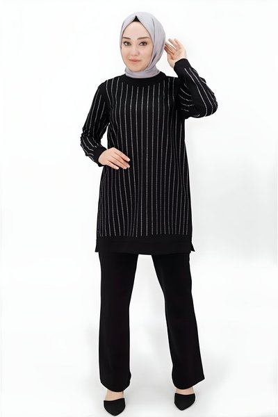 Siyah Taş Baskılı İkili İki İplik Tesettür Takım