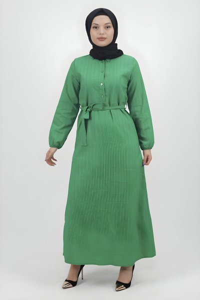 Yeşil Keten Kumaş Kemerli Düğmeli Tesettür Elbise