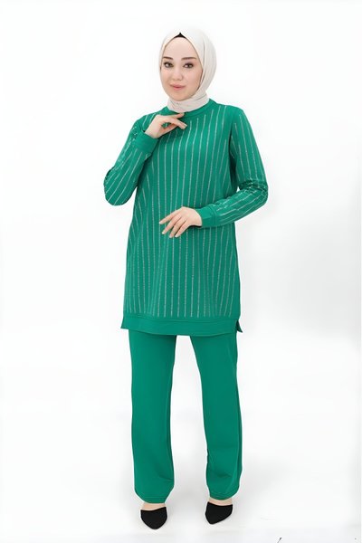 Yeşil Taş Baskılı İkili İki İplik Kumaş Tesettür Takım