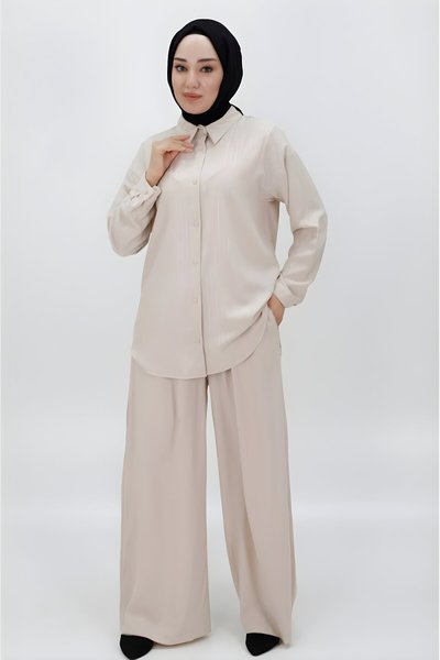 Bej Çizgili Jessıca Kumaş İkili Tesettür Takım