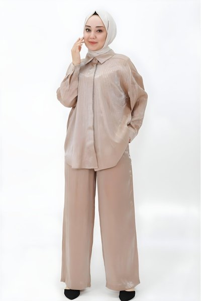 Bej İkili Pamuklu Saten Kumaş Önü Taşlı Tesettür Takım