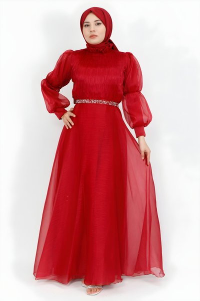 Bordo Dalya Kumaş Taşlı Kemerli Tesettür Abiye Elbise