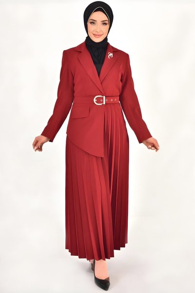Bordo Kruvaze Yaka Double Kumaş Pilise Detaylı Tesettür Elbise