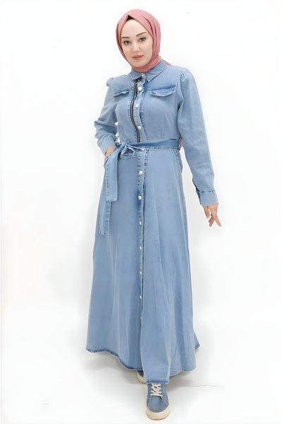 Buz Mavi Kot Düğmeli Cep Detaylı Tesettür Elbise