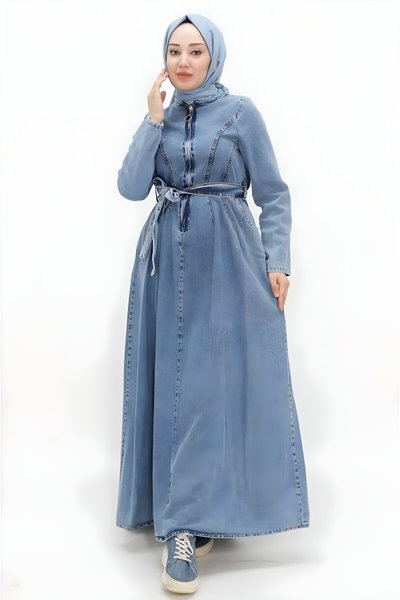 Buz Mavi Kot Yaka Fermuarlı Kemerli Tesettür Elbise