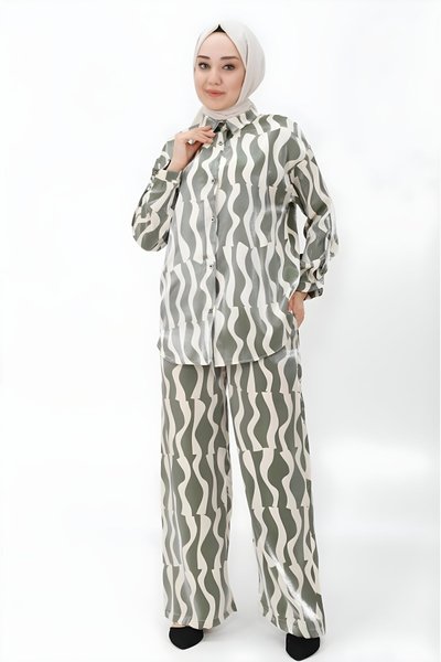 Haki Desenli İkili Pamuklu Saten Tesettür Takım