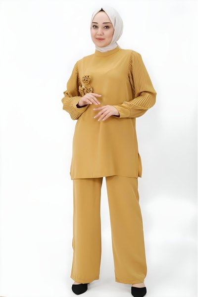 Hardal İkili Kolları Piliseli Broşlu Tesettür Takım