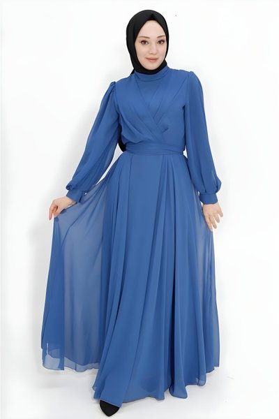 İndigo Şifon Kumaş Kruvaze Yaka Tesettür Abiye Elbise