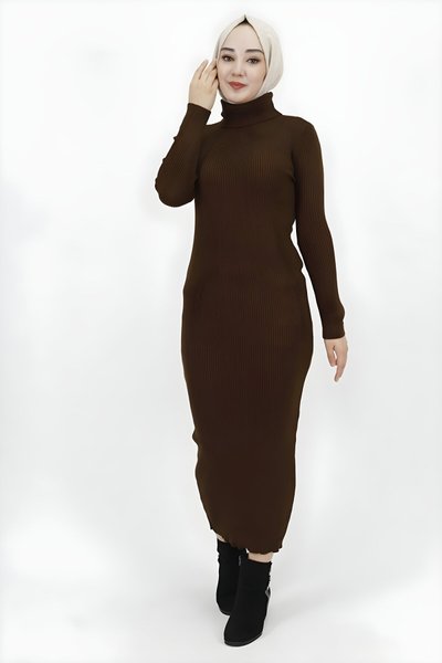 Kahve Fitilli Triko Boğazalı Tesettür Elbise