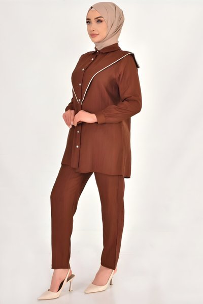 Kahverengi Lina Keten Kumaş Taş Detaylı Tesettür Takım