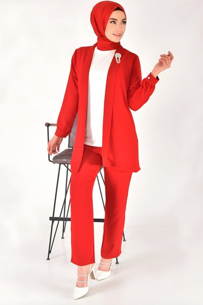 Kırmızı Üçlü Krep Kumaş Taş Aksesuar Detaylı Tesettür Takım