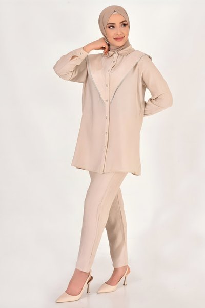 Krem Lina Keten Taş Detaylı Tesettür Takım