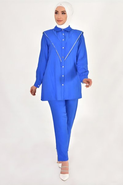 طقم محتشم كتان كحلي بتفاصيل حجر