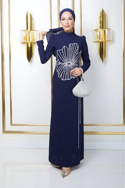 Lacivert Nursema Taşlı Krep Abiye Elbise