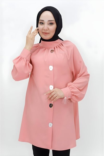 Pudra Ayna Düğme Detaylı Tesettür Tunik
