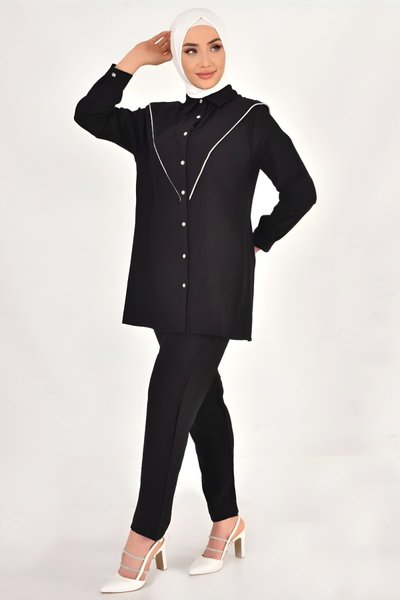 Siyah İkili Lina Keten Kumaş Taş Detaylı Tesettür Takım