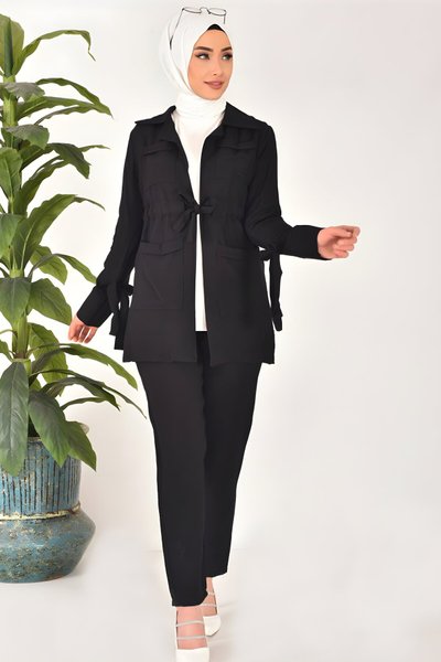 Siyah Keten Görünümlü Beli Büzgü Detaylı Üç Parça Tesettür Takım