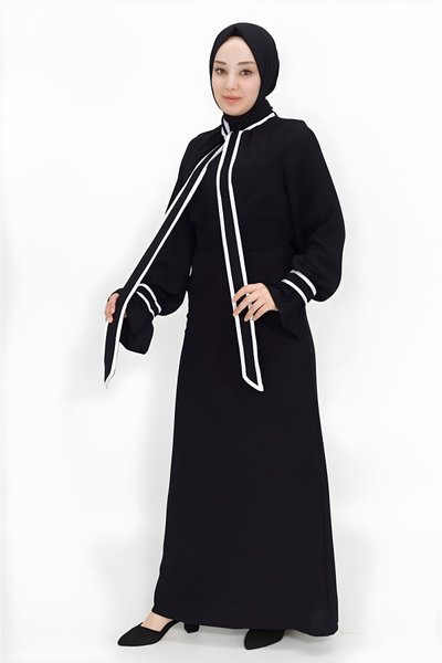 Siyah Krep Kravat Yaka Bağlama Detaylı Elbise