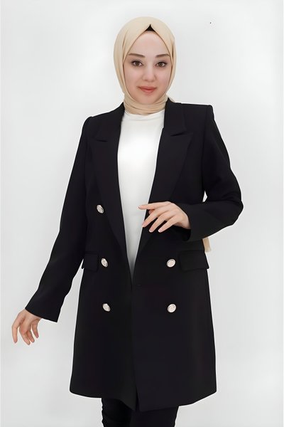 Siyah Kruvaze Yaka Sahte Cep Detaylı Blazer Tesettür Ceket