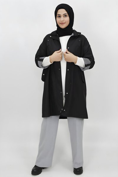 Siyah Orta Boy Bondit Kumaş Trençkot