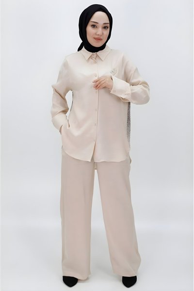 Taş Pamuklu Saten İkili Broşlu Tesettür Takım